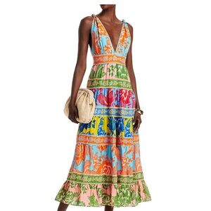 FARM Rio Orange and Blue Tiered Ruffled Midi Sundress